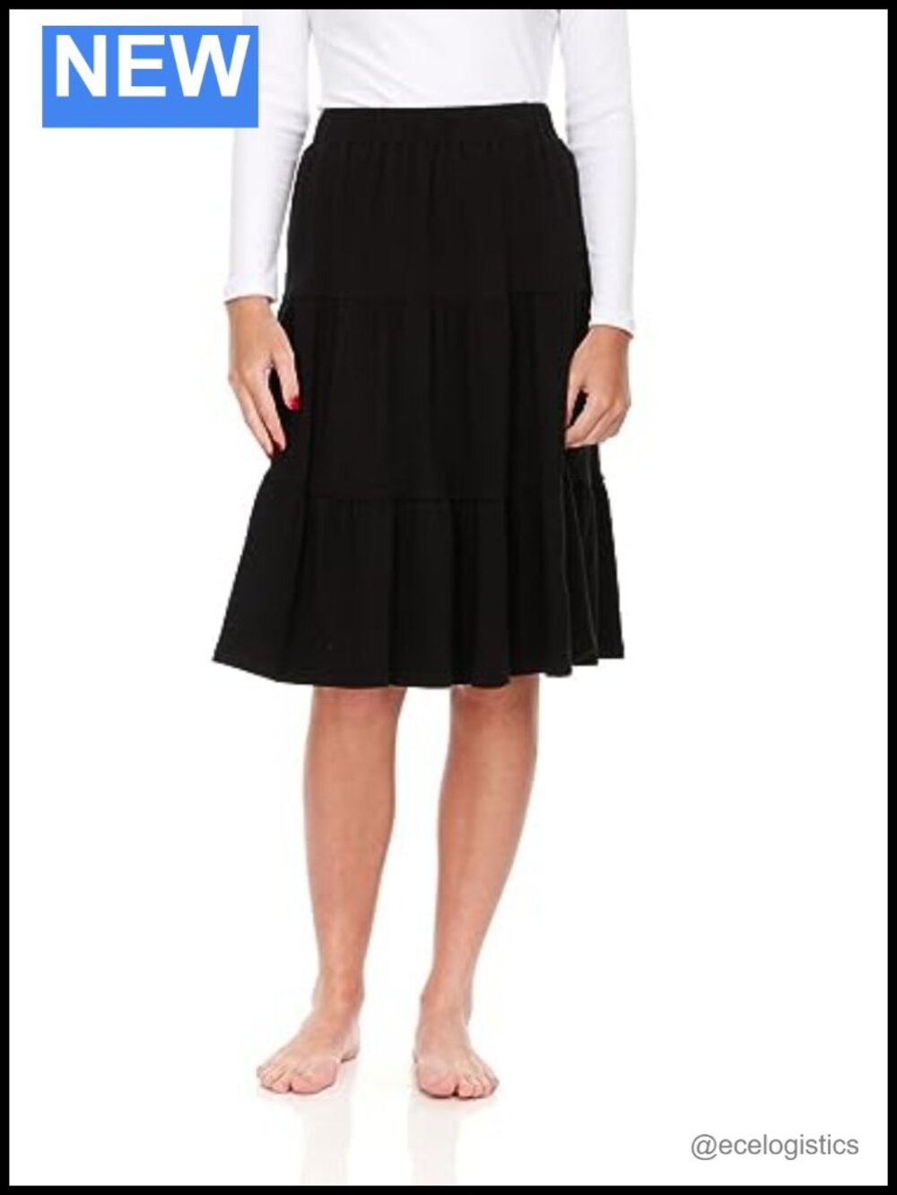 Ribbed Tiered Midi Skirt Elastic Waist Knee Length Fit Flare